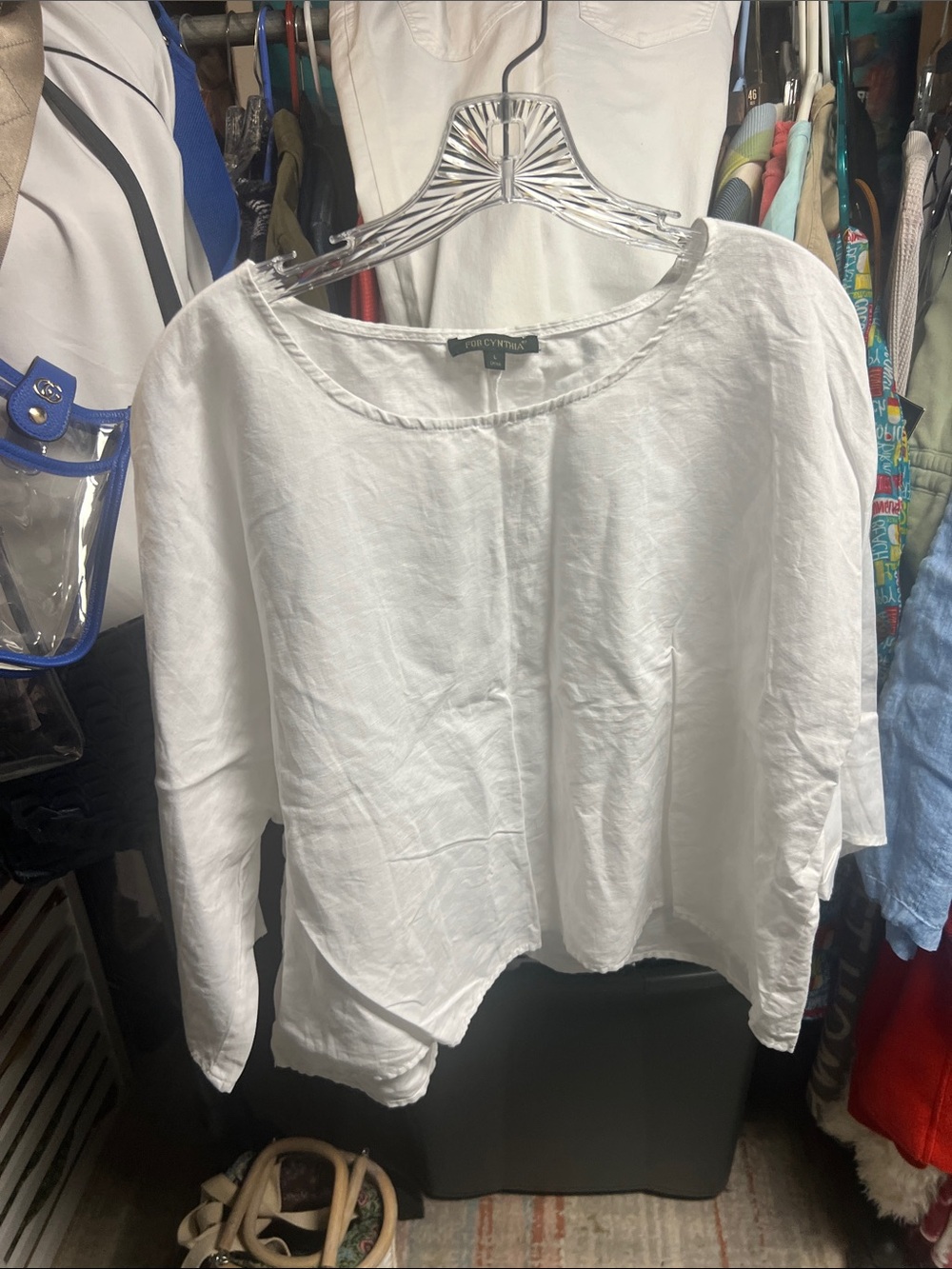 For Cynthia White Linen Scoop-Neck Tunic Top